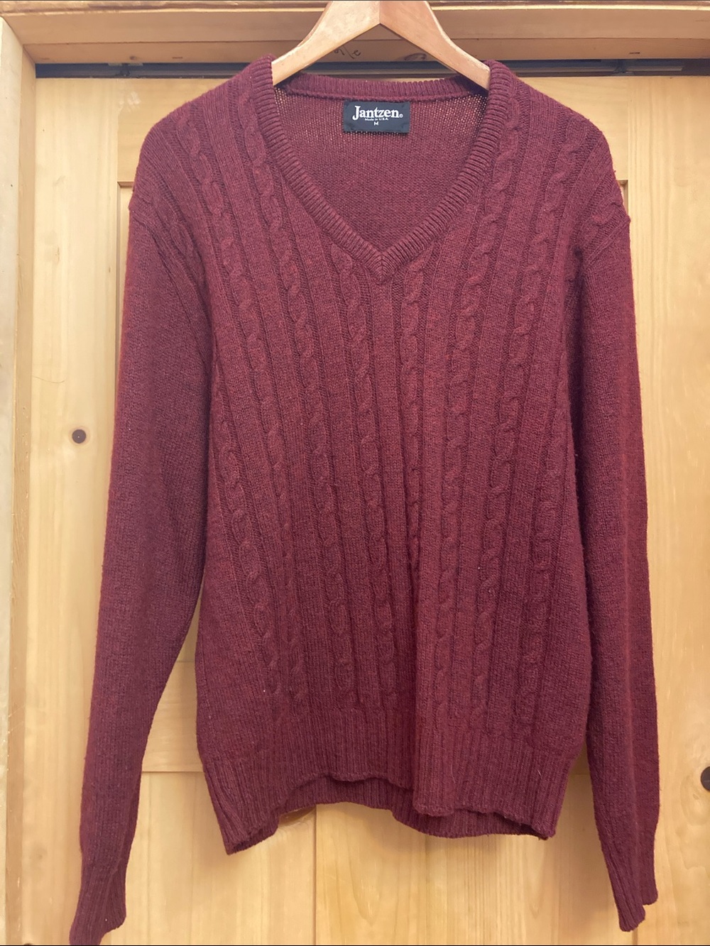 Vintage Jantzen V-Neck Wool Blend Cable Knit Sweater - Burgundy